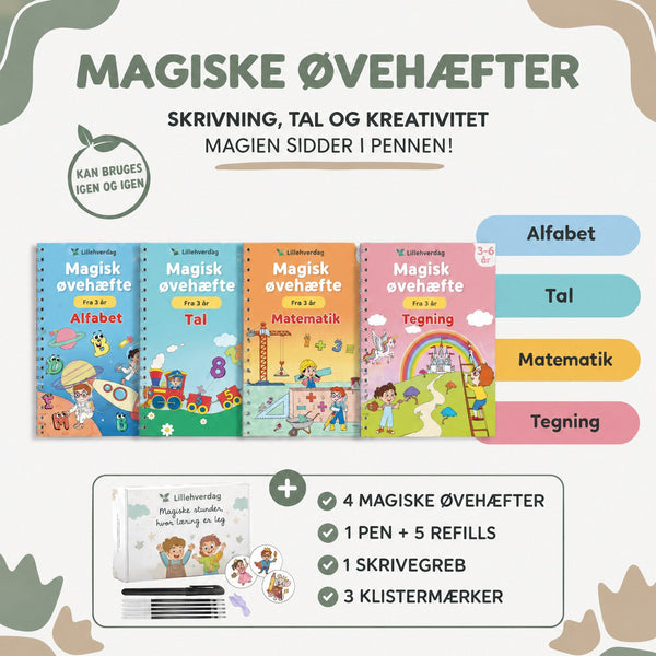 Magiske øvehæfter – 4 genbrugelige hæfter til børn 3-6 år