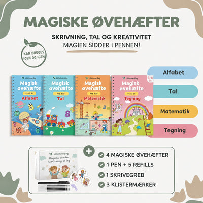 Magiske øvehæfter: 4 hæfter, pen, refills, skrivegreb og klistermærker